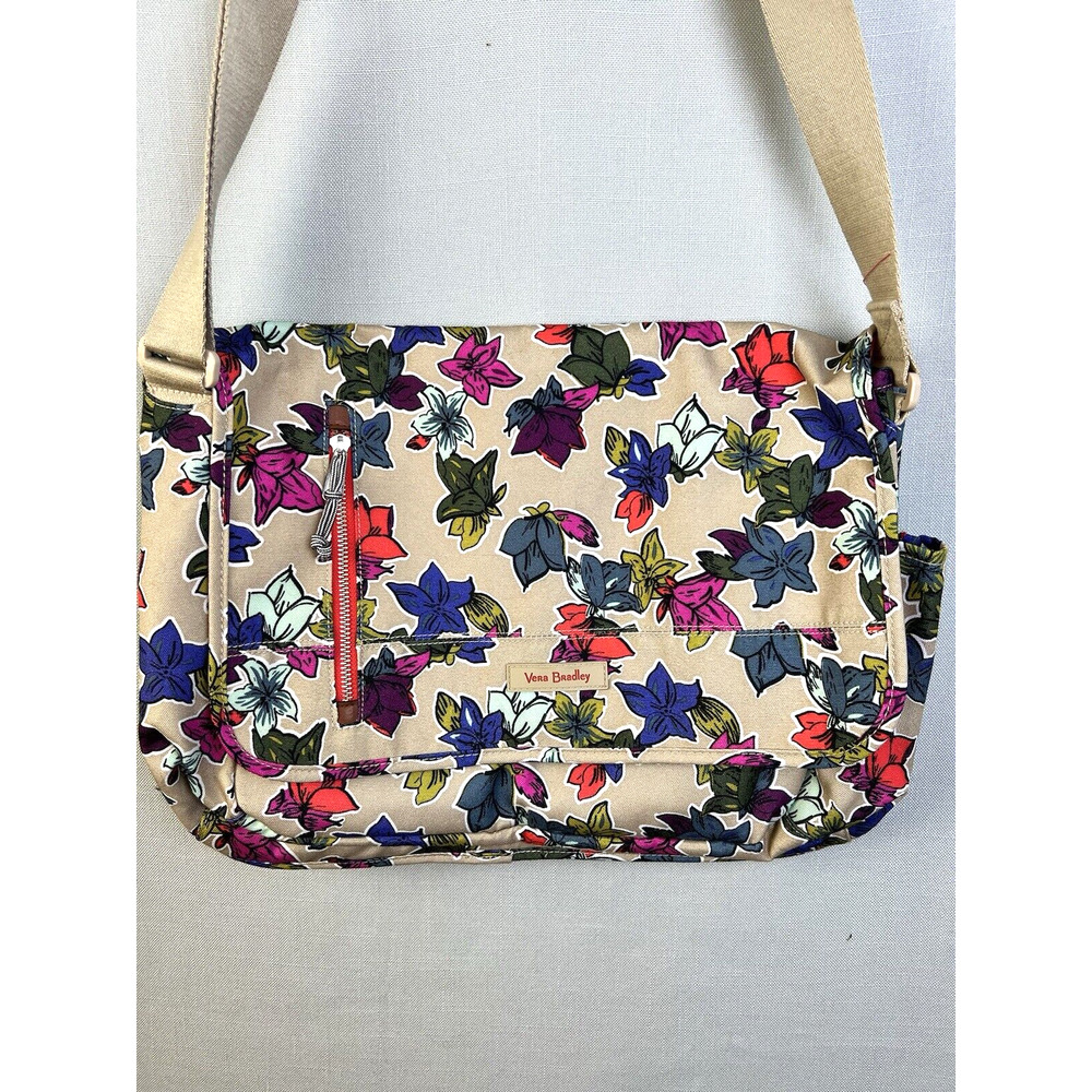 Vera Bradley Falling Flowers Laptop Messenger Bag Tan Orange Organization Preppy